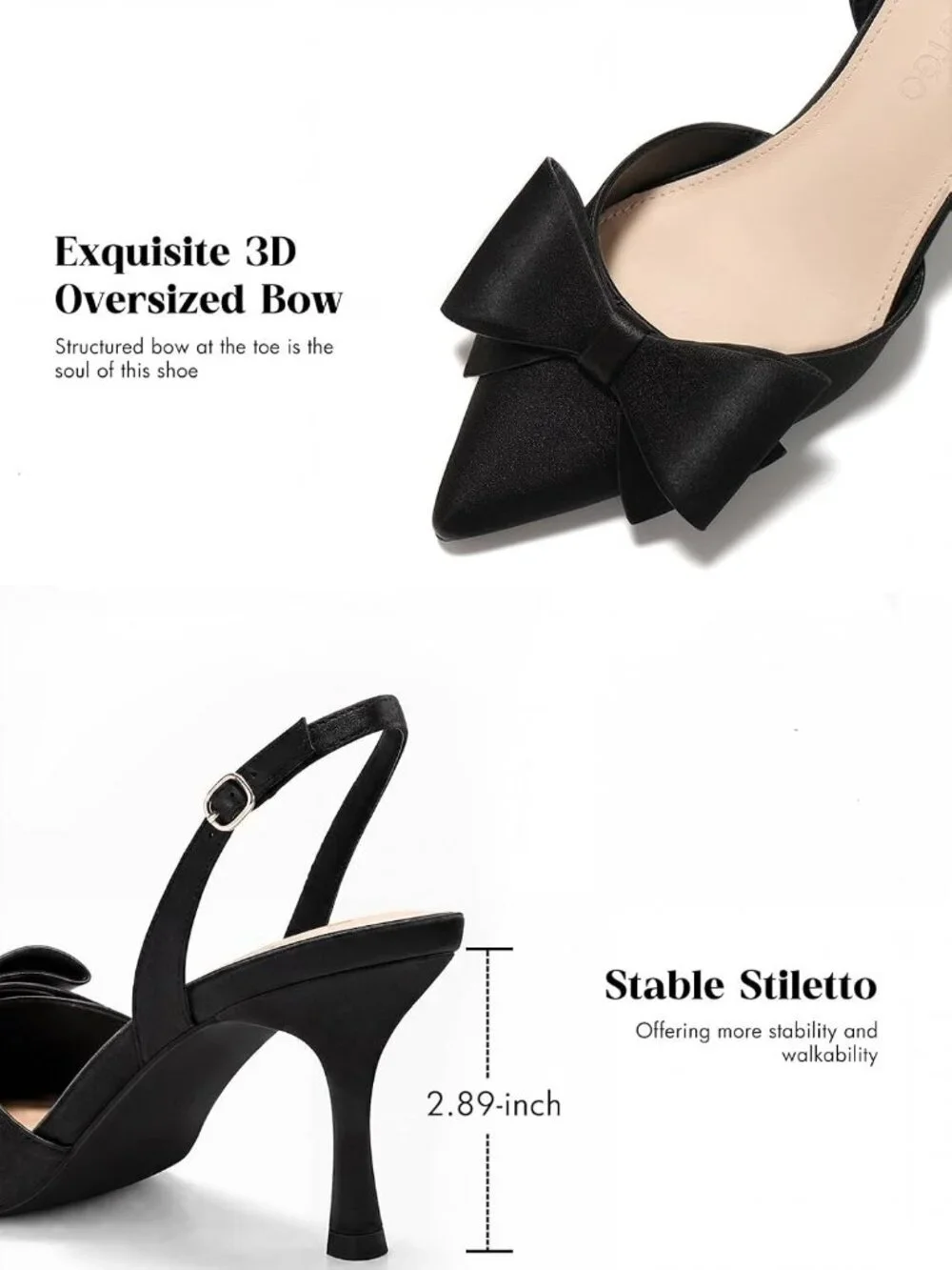 Women's Black Rubber Satin Bow Slingback Kitten Heels Closed Pointed Toe Pumps